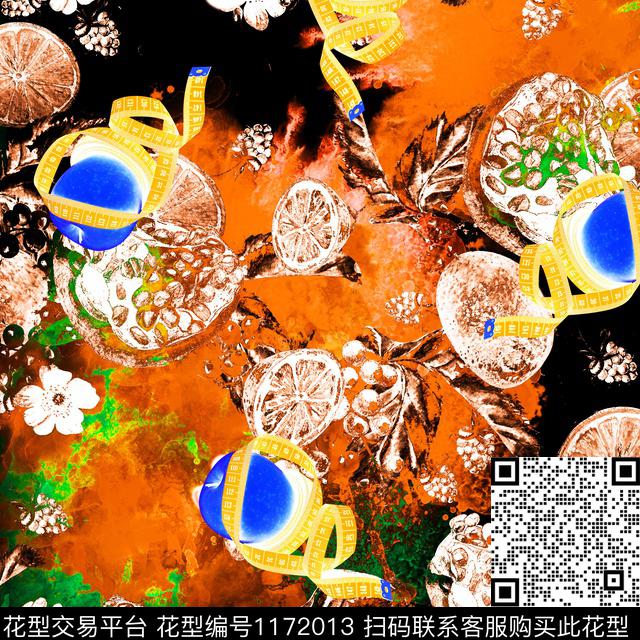 渲染底纹花卉果实趣味卷尺-1.jpg - 1172013 - 水彩 水果 抽象花卉 - 数码印花花型 － 男装花型设计 － 瓦栏