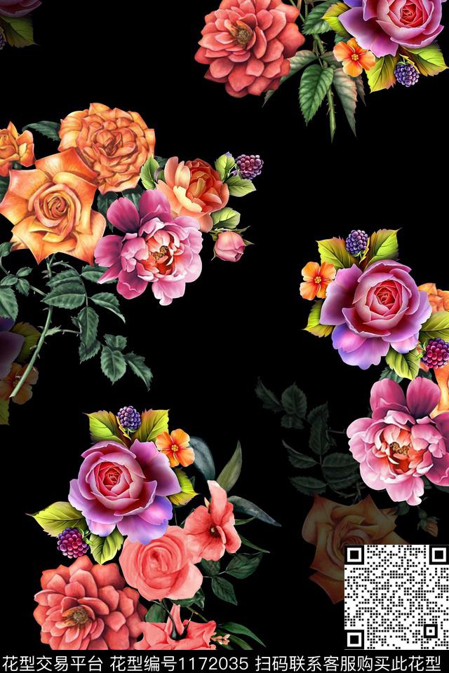 黑底花-分层.jpg - 1172035 - 数码花型 花卉 1/2接 - 数码印花花型 － 女装花型设计 － 瓦栏