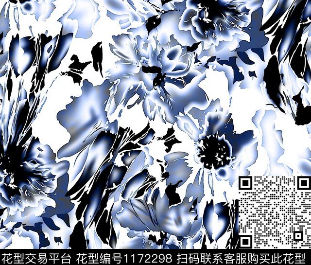 33-蓝色花-1.jpg - 1172298 - 星空 男装 几何 - 数码印花花型 － 女装花型设计 － 瓦栏