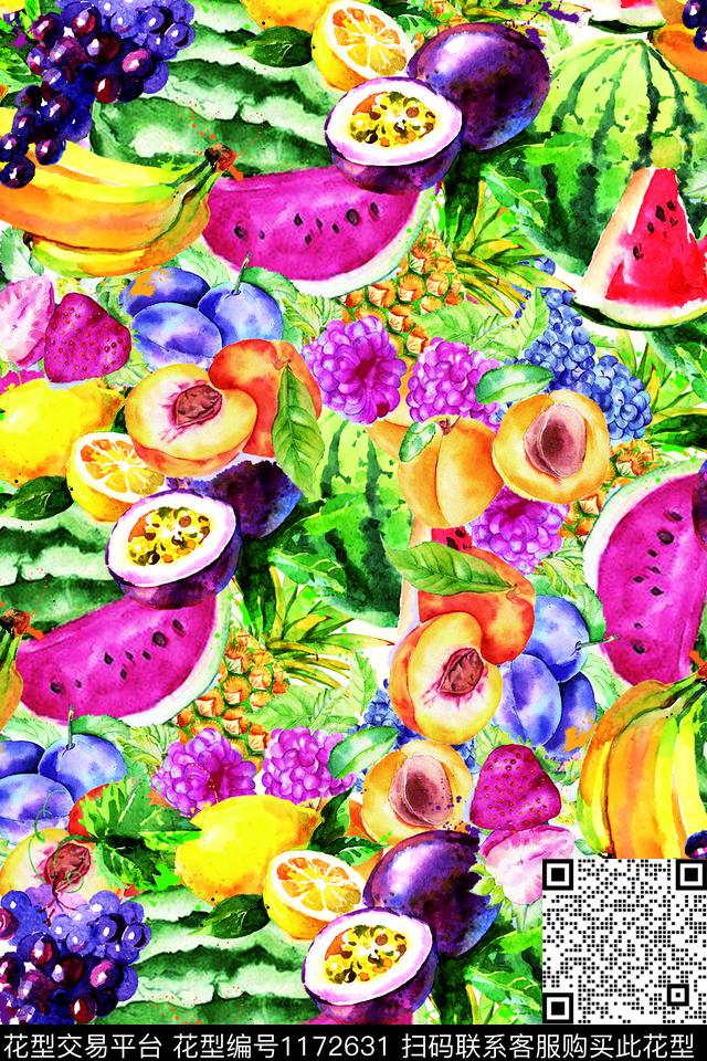 水果缤纷.jpg - 1172631 - 手绘 水果 趣味 - 数码印花花型 － 女装花型设计 － 瓦栏