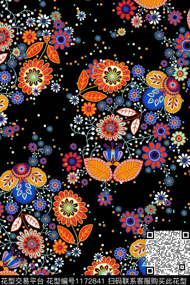 YuA8k028-f.jpg - 1172841 - 几何花卉 深底 小碎花 - 传统印花花型 － 女装花型设计 － 瓦栏