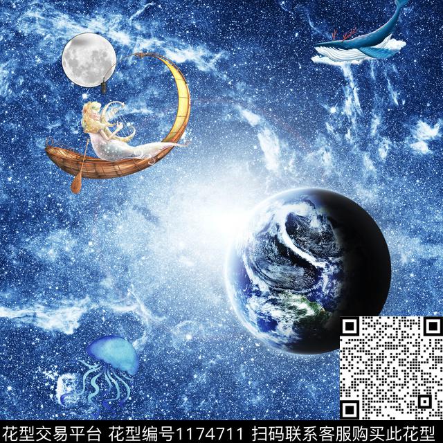 星空童话梦境方巾.jpg - 1174711 - 星空 月亮 帆船 - 数码印花花型 － 方巾花型设计 － 瓦栏