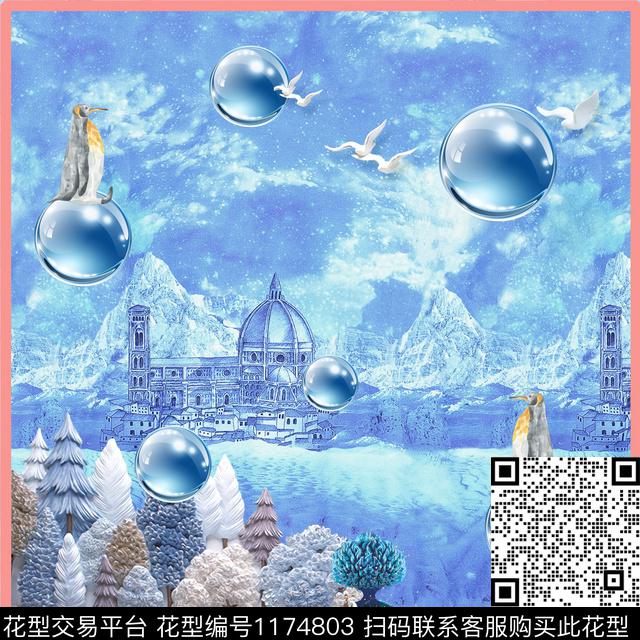童话风梦幻冰雪世界.jpg - 1174803 - 企鹅 水彩 冰雪 - 数码印花花型 － 方巾花型设计 － 瓦栏