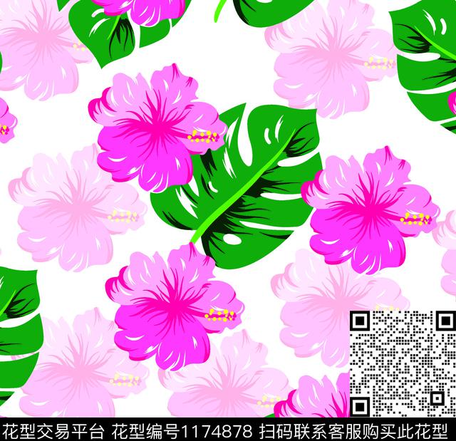1901-红花叶.jpg - 1174878 - 数码花型 花卉 红花 - 数码印花花型 － 泳装花型设计 － 瓦栏