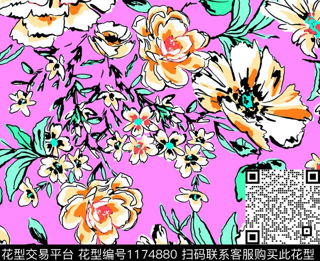 1903-大花蓝底.jpg - 1174880 - 数码花型 花卉 手绘花卉 - 数码印花花型 － 泳装花型设计 － 瓦栏