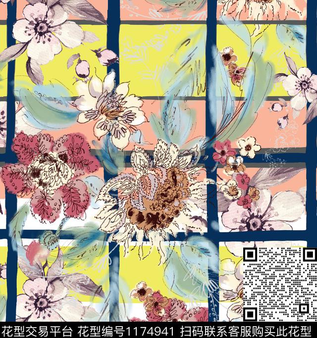 春夏花型水彩花卉格子数码印花花型下载（图片编号: 1174941） - 瓦栏（Walan）