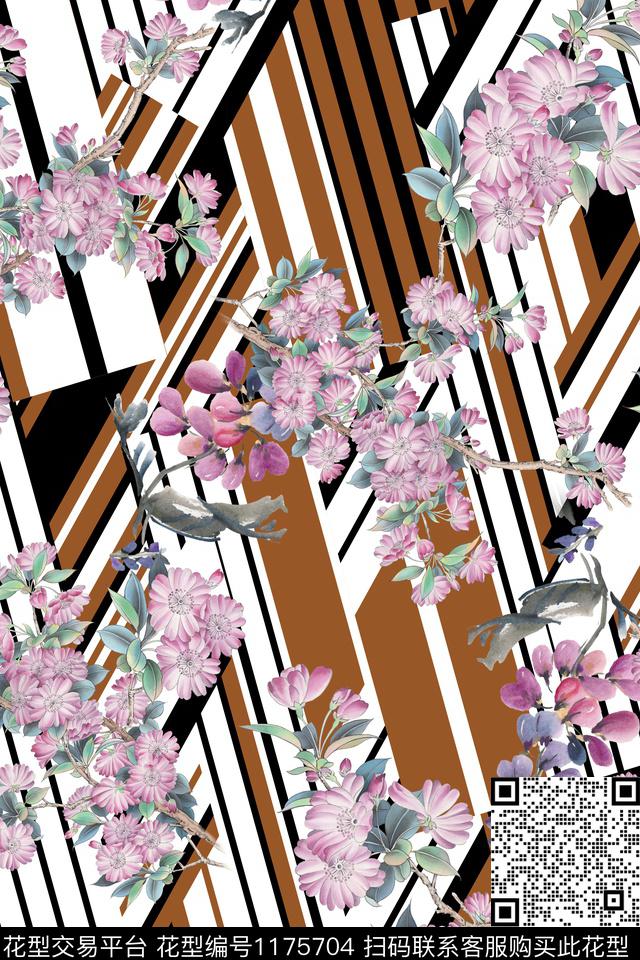 数码花型水彩花卉几何数码印花花型下载（图片编号: 1175704） - 瓦栏（Walan）