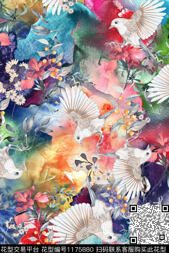 72-抽象水彩底纹花鸟服装面料花型.jpg - 1175880 - 数码花型 水彩花卉 花鸟 - 数码印花花型 － 女装花型设计 － 瓦栏