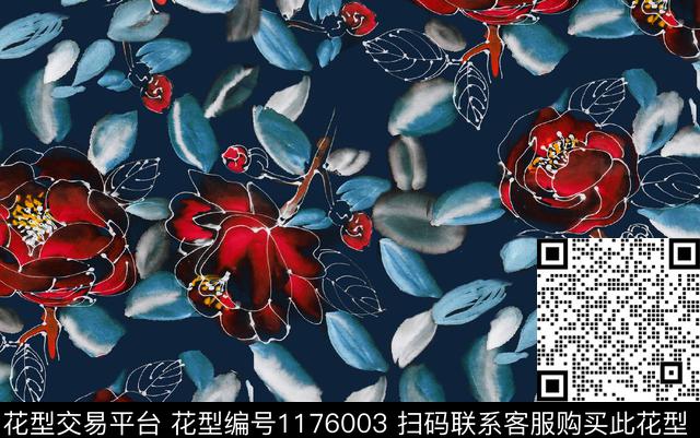 177054-蓝灰psd.jpg - 1176003 - 水彩花卉 抽象花卉 树枝花卉 - 数码印花花型 － 女装花型设计 － 瓦栏