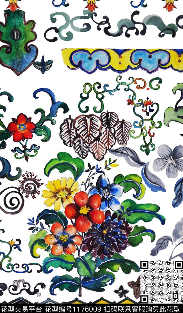 177064-白.jpg - 1176009 - 几何花卉 手绘大花 青花瓷 - 数码印花花型 － 女装花型设计 － 瓦栏