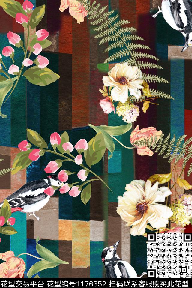 65-抽象植物花鸟服装面料花型.jpg - 1176352 - 数码花型 抽象 绿植树叶 - 数码印花花型 － 女装花型设计 － 瓦栏