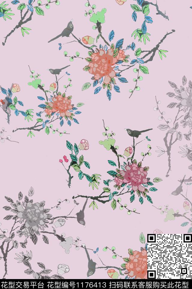 鸟昆虫图案植物乡村生活数码印花花型下载（图片编号: 1176413） - 瓦栏（Walan）