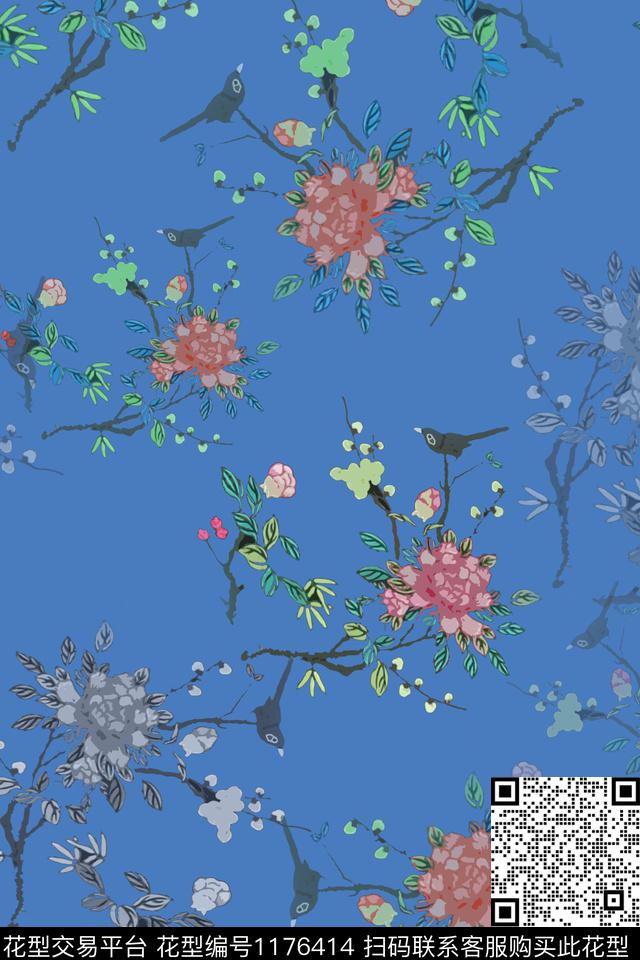 鸟昆虫图案植物乡村生活数码印花花型下载（图片编号: 1176414） - 瓦栏（Walan）