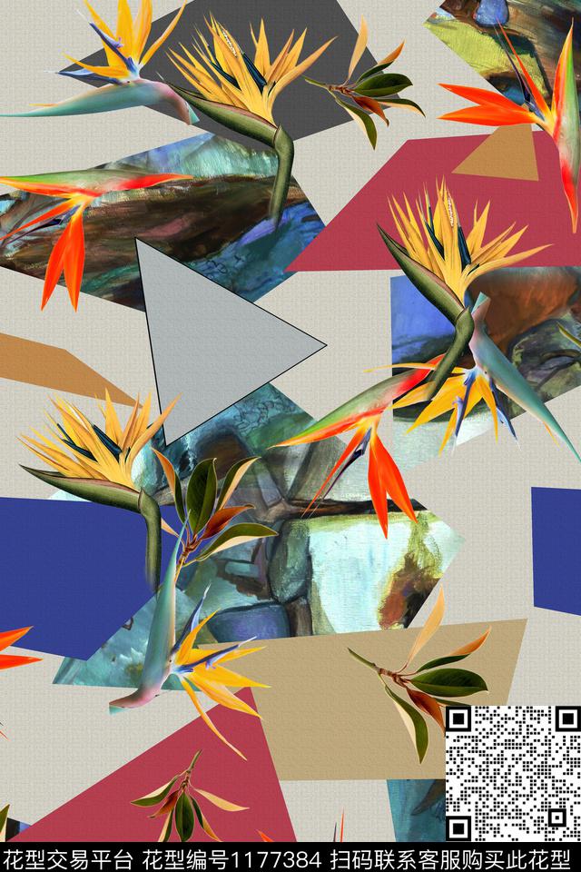 71-时尚抽象几何太阳鸟花服装面料花型.jpg - 1177384 - 数码花型 几何 抽象 - 数码印花花型 － 女装花型设计 － 瓦栏