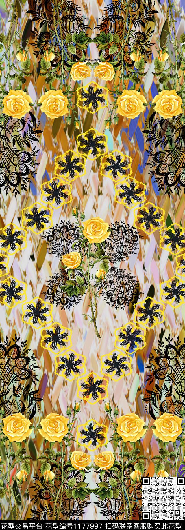 103-1.jpg - 1177997 - 春夏花型 花卉 大牌风 - 数码印花花型 － 长巾花型设计 － 瓦栏