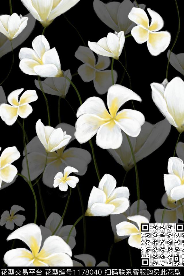 水彩花卉黑底花卉白色花数码印花花型下载（图片编号: 1178040） - 瓦栏（Walan）