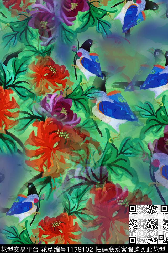 植物鸟昆虫图案乡村生活数码印花花型下载（图片编号: 1178102） - 瓦栏（Walan）