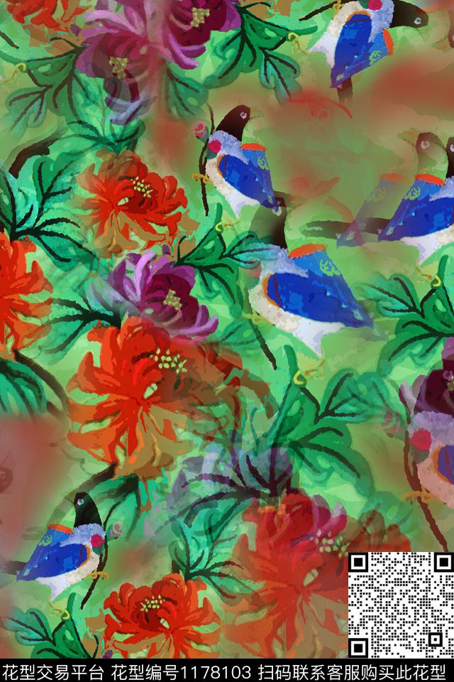 植物鸟昆虫图案乡村生活数码印花花型下载（图片编号: 1178103） - 瓦栏（Walan）