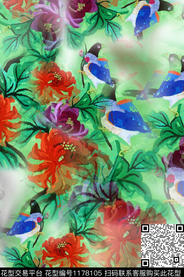 植物鸟昆虫图案乡村生活数码印花花型下载（图片编号: 1178105） - 瓦栏（Walan）