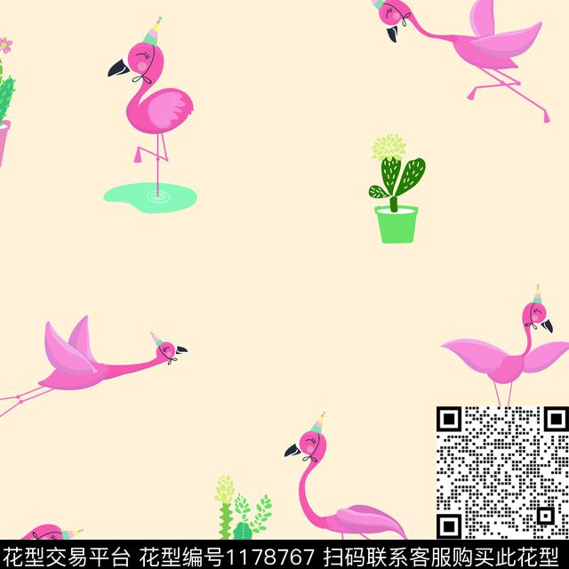 火烈鸟卡通仙人掌数码印花花型下载（图片编号: 1178767） - 瓦栏（Walan）