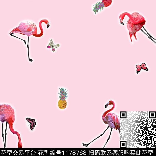 火烈鸟蝴蝶菠萝数码印花花型下载（图片编号: 1178768） - 瓦栏（Walan）