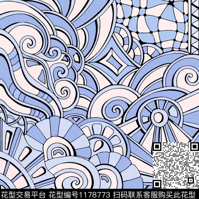 方巾2.jpg - 1178773 - 数码花型 几何 靛蓝 - 数码印花花型 － 方巾花型设计 － 瓦栏