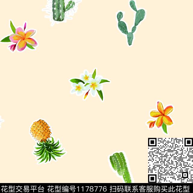 清爽底花卉菠萝仙人掌数码印花花型下载（图片编号: 1178776） - 瓦栏（Walan）