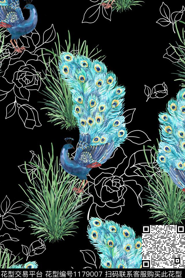 孔雀漫步草丛.jpg - 1179007 - 大牌风 孔雀 线条花卉 - 数码印花花型 － 女装花型设计 － 瓦栏