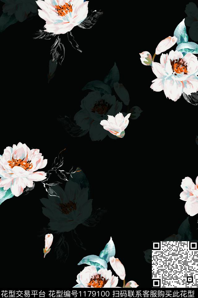 手绘花卉黑底花卉清爽底花卉数码印花花型下载（图片编号: 1179100） - 瓦栏（Walan）