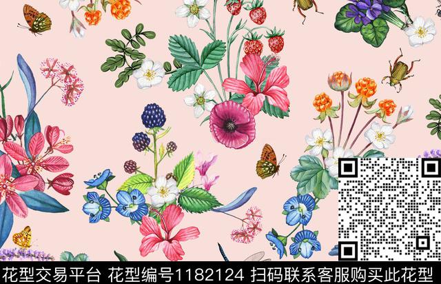 蝴蝶蜻蜓草莓数码印花花型下载（图片编号: 1182124） - 瓦栏（Walan）