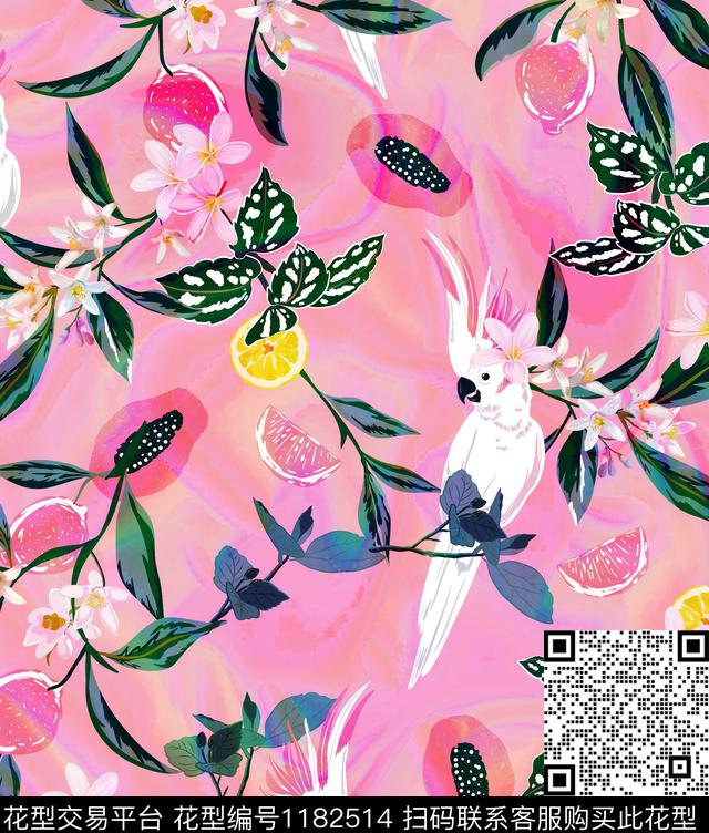水果333.jpg - 1182514 - 柠檬 鹦鹉 热带水果 - 数码印花花型 － 女装花型设计 － 瓦栏