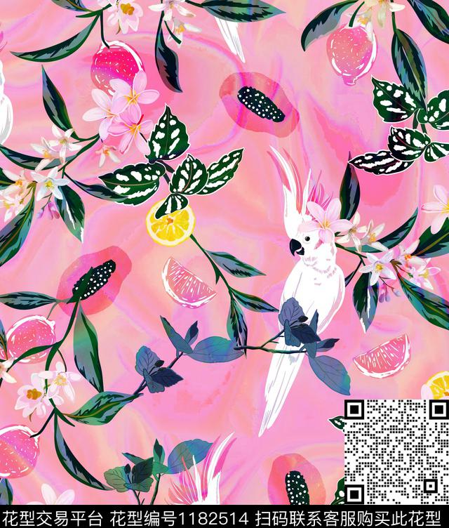 柠檬鹦鹉热带水果数码印花花型下载（图片编号: 1182514） - 瓦栏（Walan）