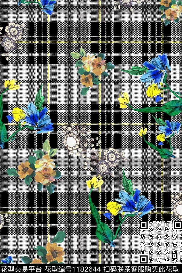 87-经典黑白格水彩花卉服装面料花型.jpg - 1182644 - 水彩花卉 几何 花卉 - 数码印花花型 － 女装花型设计 － 瓦栏