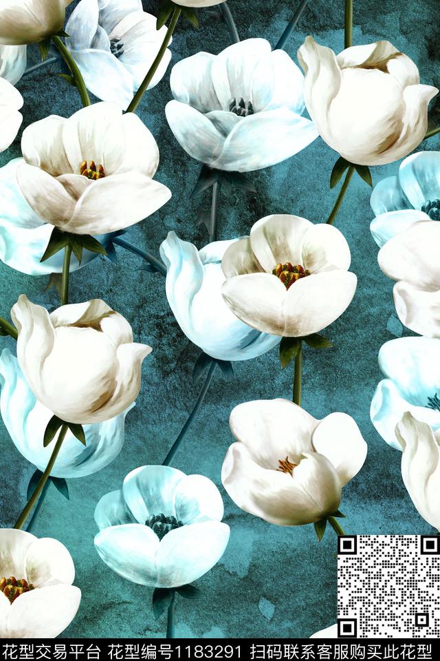 手绘花.jpg - 1183291 - 郁金香 手绘花卉 蓝色底 - 数码印花花型 － 女装花型设计 － 瓦栏