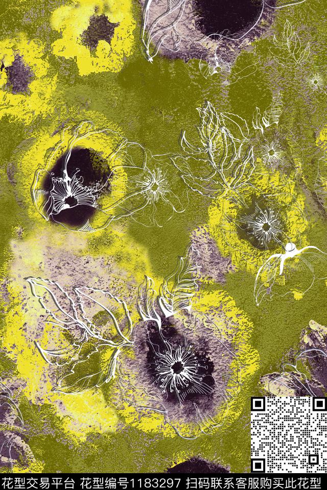 抽象手绘花卉线条花卉数码印花花型下载（图片编号: 1183297） - 瓦栏（Walan）