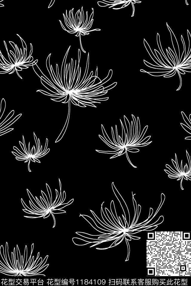 花型创作 黑白花型.jpg - 1184109 - 黑白花型 手绘花卉 黑底花卉 - 数码印花花型 － 女装花型设计 － 瓦栏