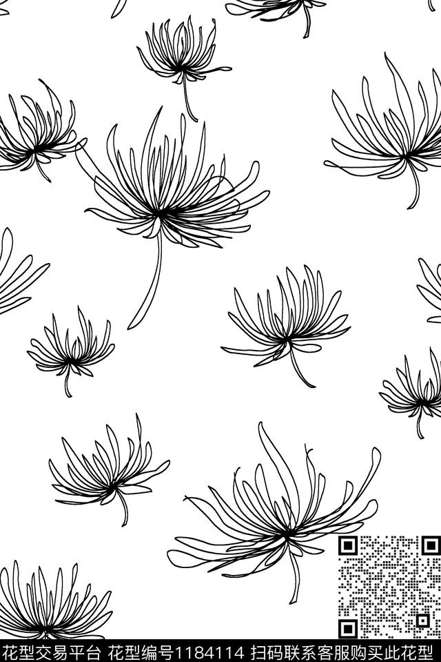 花型创作 黑白花型.jpg - 1184114 - 黑白花型 手绘花卉 黑底花卉 - 数码印花花型 － 女装花型设计 － 瓦栏