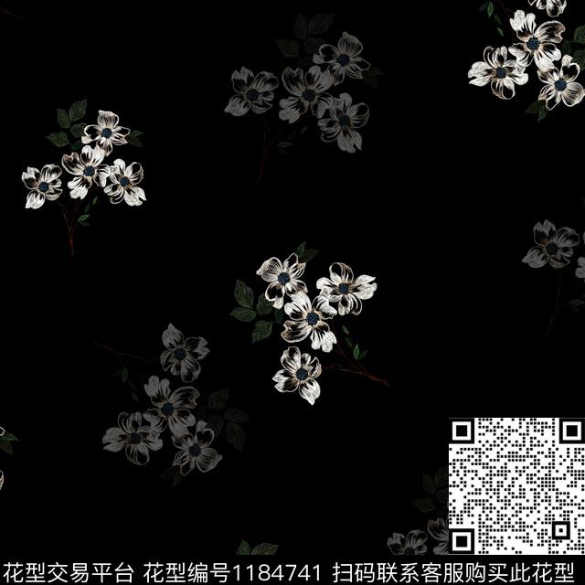 白色花.jpg - 1184741 - 手绘花卉 黑底花卉 白色花 - 数码印花花型 － 女装花型设计 － 瓦栏