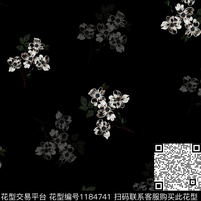 手绘花卉黑底花卉白色花数码印花花型下载（图片编号: 1184741） - 瓦栏（Walan）