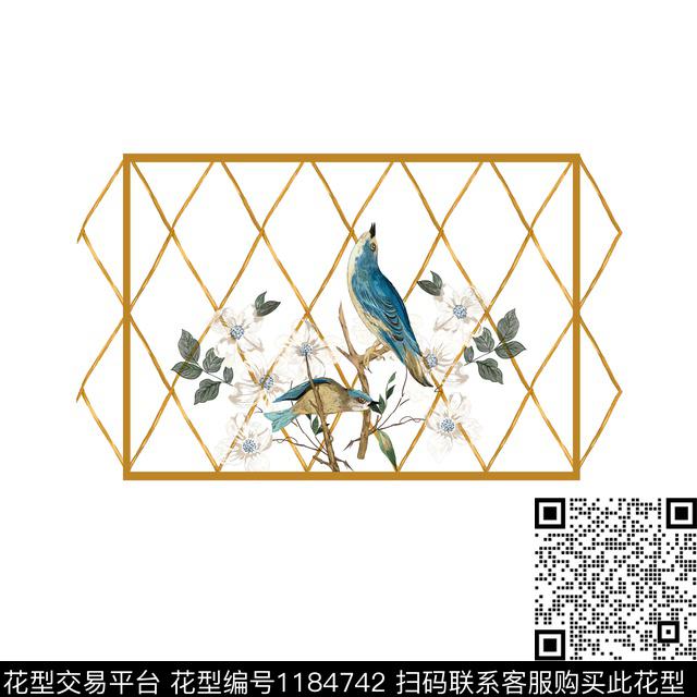 花鸟手绘花卉篱笆数码印花花型下载（图片编号: 1184742） - 瓦栏（Walan）