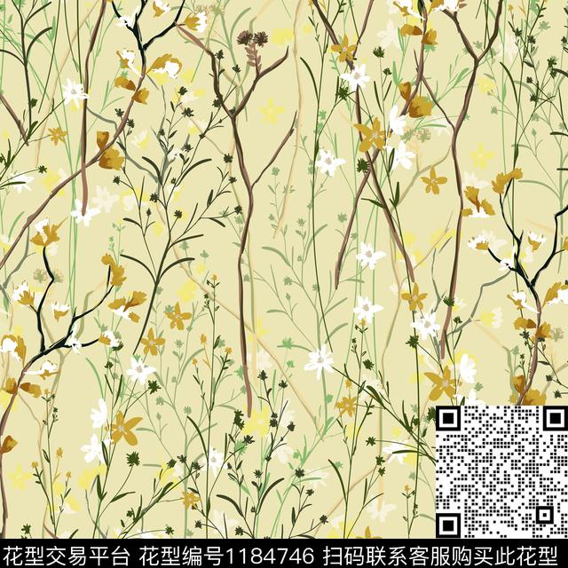 手绘花卉绿植树叶彩底花卉数码印花花型下载（图片编号: 1184746） - 瓦栏（Walan）