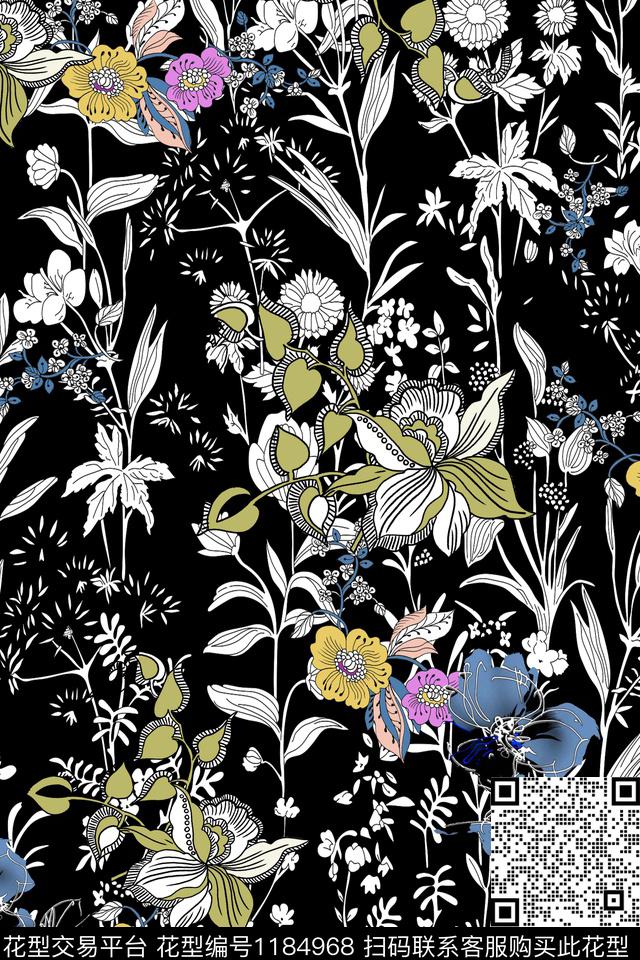 春夏花型黑底花卉小碎花传统印花花型下载（图片编号: 1184968） - 瓦栏（Walan）