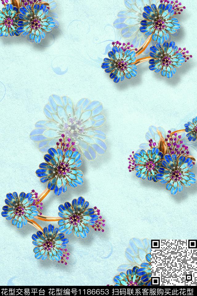 花卉珍珠花蓝色底数码印花花型下载（图片编号: 1186653） - 瓦栏（Walan）