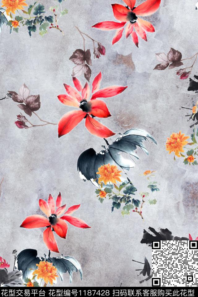 水彩花卉中国风水墨风数码印花花型下载（图片编号: 1187428） - 瓦栏（Walan）