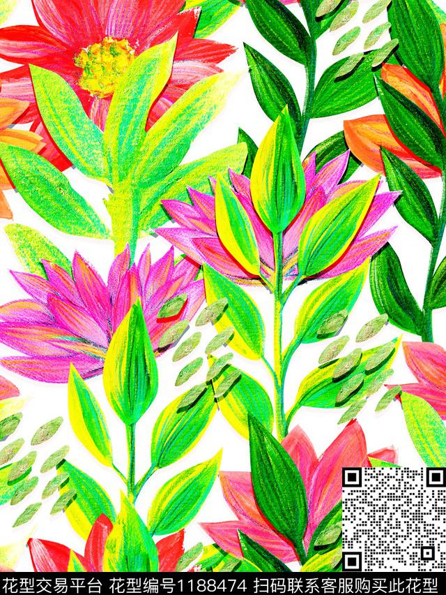 绿植树叶小清新花卉数码印花花型下载（图片编号: 1188474） - 瓦栏（Walan）