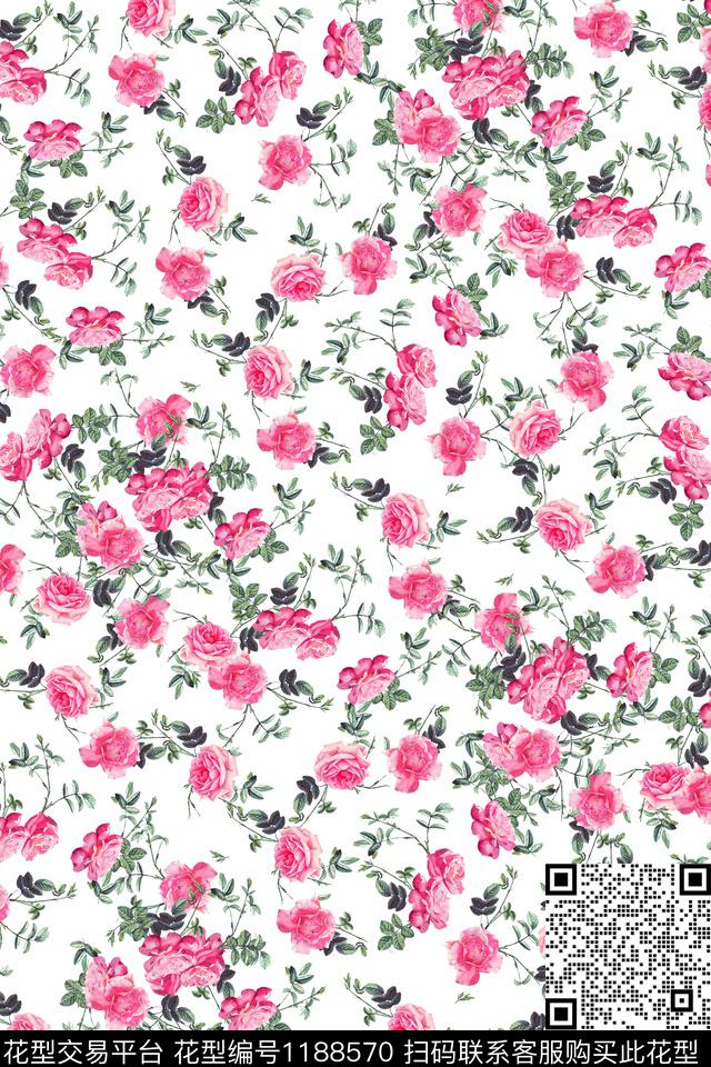 白底玫瑰.jpg - 1188570 - 数码花型 花卉 小碎花 - 数码印花花型 － 女装花型设计 － 瓦栏