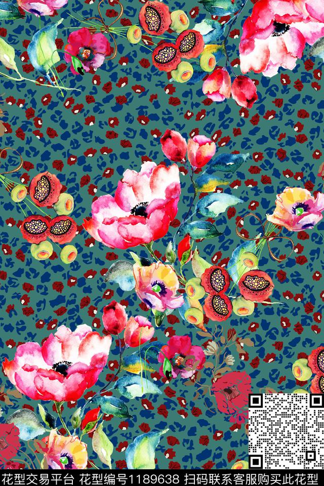 95-时尚豹纹水彩花卉服装面料花型.jpg - 1189638 - 数码花型 水彩花卉 花卉 - 数码印花花型 － 女装花型设计 － 瓦栏
