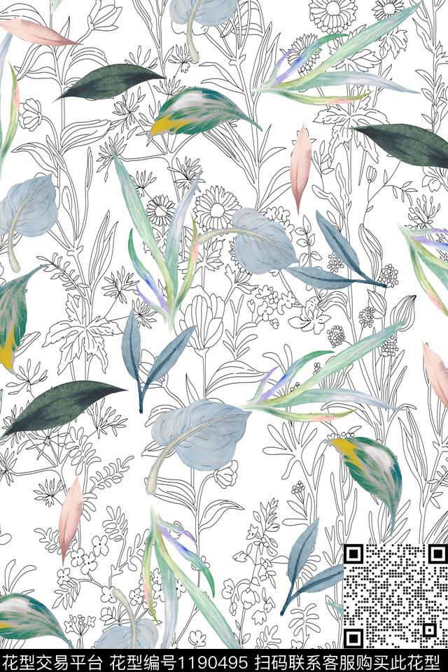 春夏花型绿植树叶清爽数码印花花型下载（图片编号: 1190495） - 瓦栏（Walan）