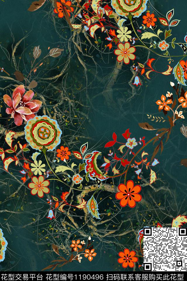 87-抽象树根底纹纹样花卉服装面料花型.jpg - 1190496 - 数码花型 花卉 抽象底纹 - 数码印花花型 － 女装花型设计 － 瓦栏