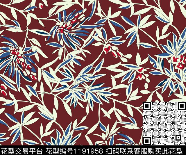 春夏花型树枝绿植树叶传统印花花型下载（图片编号: 1191958） - 瓦栏（Walan）
